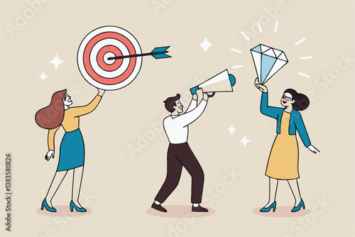 Mission, vision and value, company statement to drive success, strategy plan or leadership principle for employee to reach target concept, business people holding mission, vision and value elements.