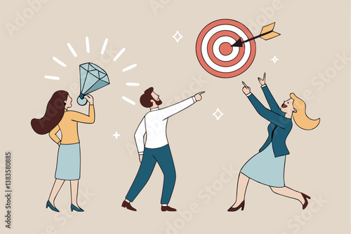 Mission, vision and value, company statement to drive success, strategy plan or leadership principle for employee to reach target concept, business people holding mission, vision and value elements.