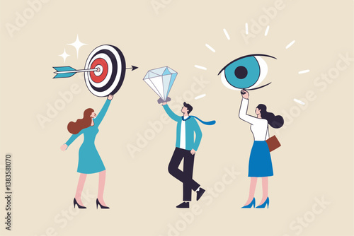 Mission, vision and value, company statement to drive success, strategy plan or leadership principle for employee to reach target concept, business people holding mission, vision and value elements.