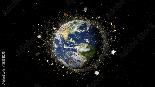Fototapeta Naklejka Na Ścianę i Meble -  3D Render of space debris around planet Earth
