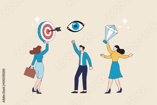 Mission, vision and value, company statement to drive success, strategy plan or leadership principle for employee to reach target concept, business people holding mission, vision and value elements.