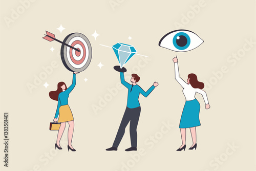 Mission, vision and value, company statement to drive success, strategy plan or leadership principle for employee to reach target concept, business people holding mission, vision and value elements.
