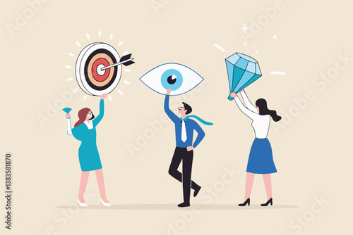 Mission, vision and value, company statement to drive success, strategy plan or leadership principle for employee to reach target concept, business people holding mission, vision and value elements.