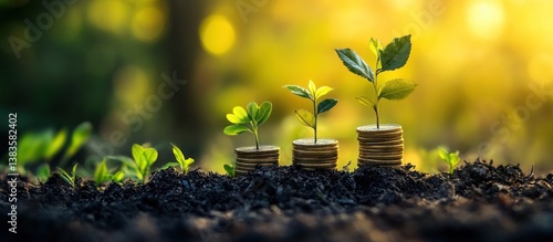 Growing plants atop stacks of coins in soil
