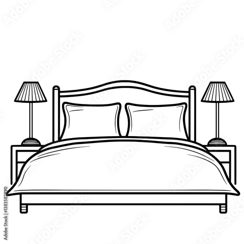 Classic wooden bed with pillows and two bedside lamps in an elegant illustration
