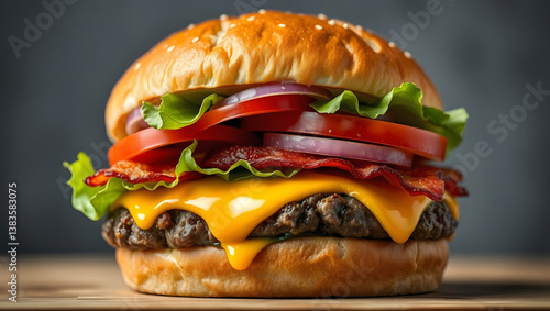 A perfectly assembled bacon cheeseburger with fresh toppings and a golden, toasted bun.