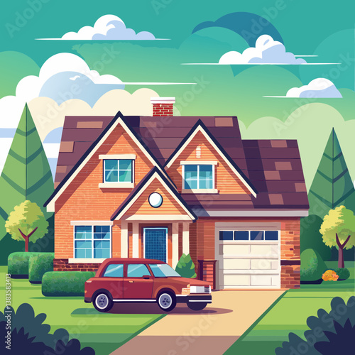 Serene Suburban Home with a Red Car