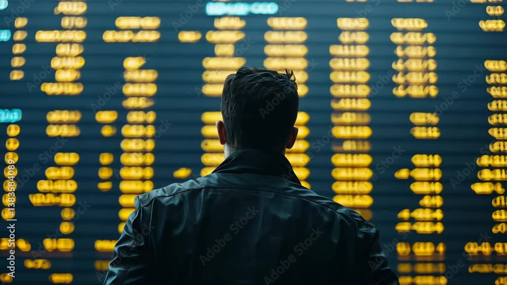 Man gazing at airport departure board during busy travel season in the evening