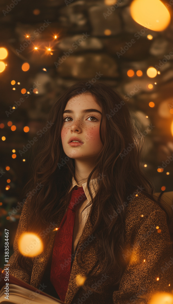 Young Girl Reading by Fireplace with Warm Lighting, formal magic witch school outfit, Young Girl Reading by Fireplace with Warm Lighting, formal magic witch school outfit,