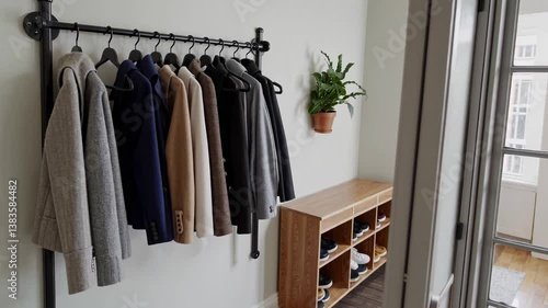 Showcasing a neat entryway with a stylish coat rack displaying various jackets and an organized shoe storage unit, enhancing a contemporary home aesthetic