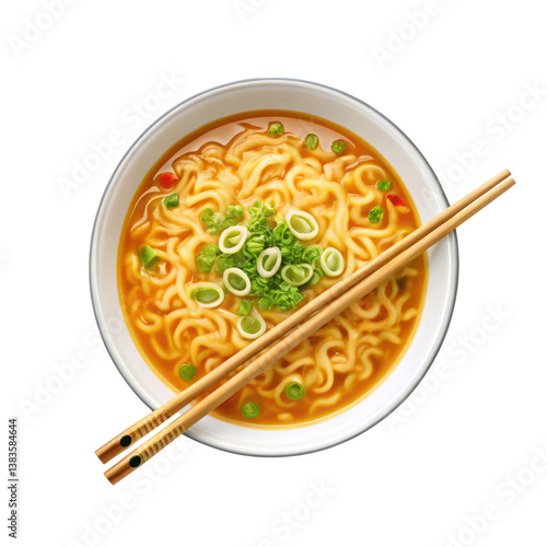 Delicious ramen noodles in bowl, topped with green onions and served with chopsticks, perfect for comforting meal