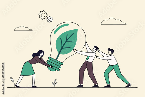 Sustainability, ESG, eco environment friendly or clean energy solution, green renewable power, reuse or recycle ecosystem, green corporate concept, people employees carry ESG, sustainable lightbulb.