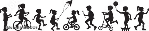 kids playing silhouette, children silhouette, outdoor activity clipart, playground SVG, kids sports vector, children riding bike, jumping rope clipart, kite flying silhouette, playing ball SVG, skateb