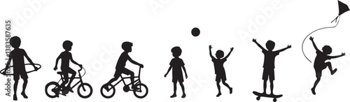 kids playing silhouette, children silhouette, outdoor activity clipart, playground SVG, kids sports vector, children riding bike, jumping rope clipart, kite flying silhouette, playing ball SVG, skateb