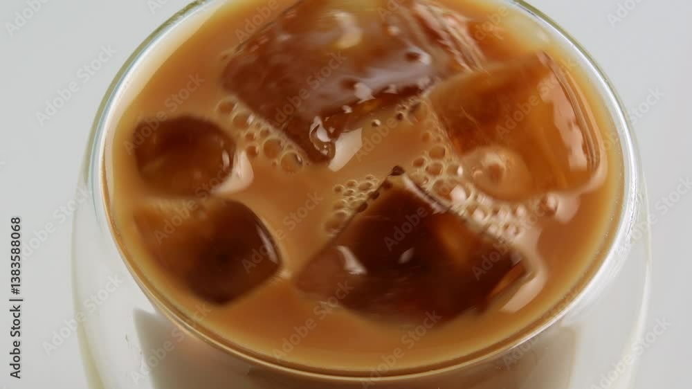 Ice cubes swirl in iced coffee with milk from top view, creating dynamic motion and glossy reflections in a transparent glass on white background. Ice cubes swirl in iced coffee with milk from top view, creating dynamic motion and glossy reflections in a transparent glass on white background.