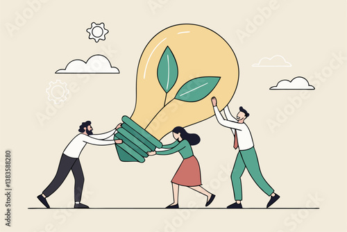 Sustainability, ESG, eco environment friendly or clean energy solution, green renewable power, reuse or recycle ecosystem, green corporate concept, people employees carry ESG, sustainable lightbulb.