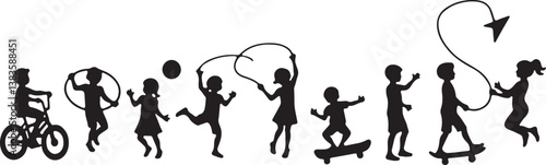kids playing silhouette, children silhouette, outdoor activity clipart, playground SVG, kids sports vector, children riding bike, jumping rope clipart, kite flying silhouette, playing ball SVG, skateb