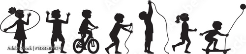 kids playing silhouette, children silhouette, outdoor activity clipart, playground SVG, kids sports vector, children riding bike, jumping rope clipart, kite flying silhouette, playing ball SVG, skateb