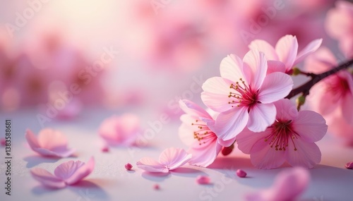 Delicate pink sakura blossoms, scattered petals, soft background, flowers, fabric