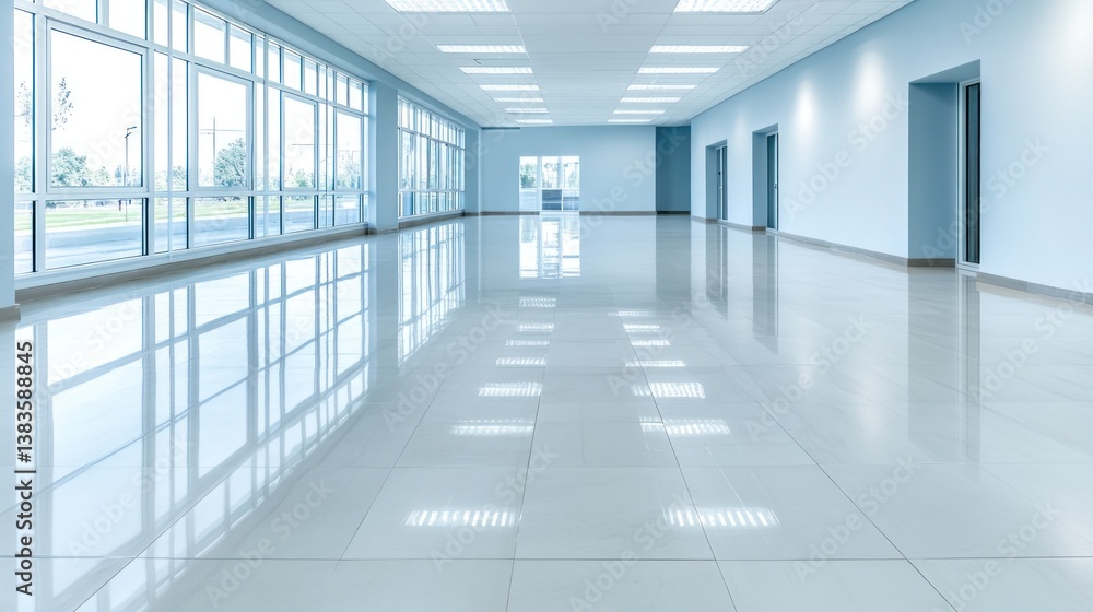 Empty Modern Office Corridor with Shiny Floor and Large Windows Empty Modern Office Corridor with Shiny Floor and Large Windows