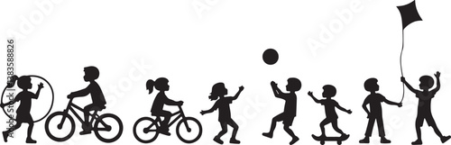kids playing silhouette, children silhouette, outdoor activity clipart, playground SVG, kids sports vector, children riding bike, jumping rope clipart, kite flying silhouette, playing ball SVG, skateb