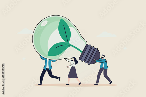 Sustainability, ESG, eco environment friendly or clean energy solution, green renewable power, reuse or recycle ecosystem, green corporate concept, people employees carry ESG, sustainable lightbulb.