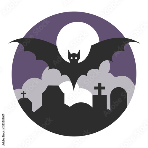 A bat flying over a cemetery shrouded in mist