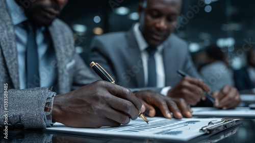 Two dark skinned businessmen in suits review documents at a table, using pens.