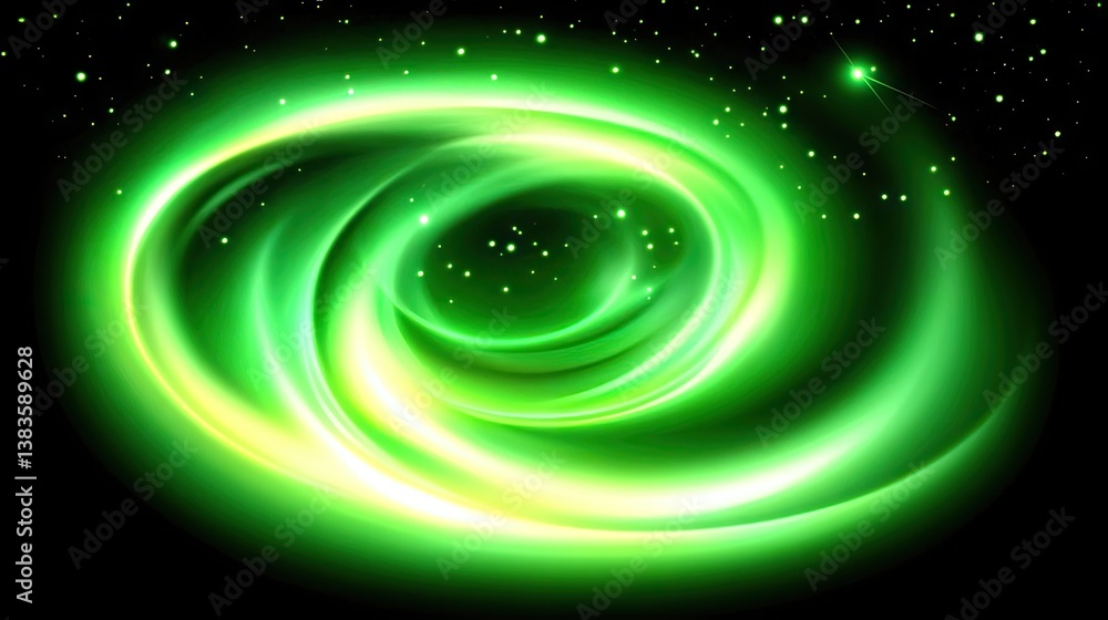 Green spiral galaxy swirling in black space with stars Green spiral galaxy swirling in black space with stars