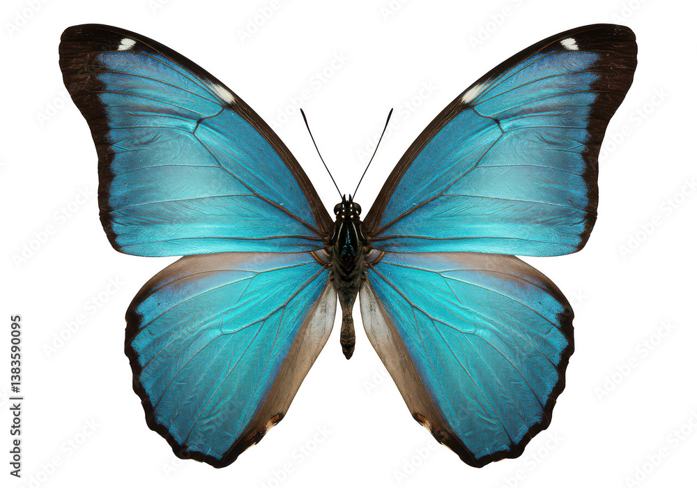 Fototapeta premium A vibrant blue butterfly with open wings against a stark white background showing intricate details
