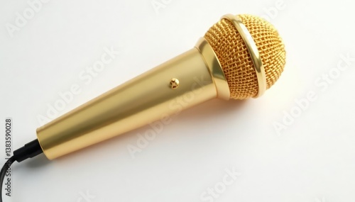 Close-up shot of a gold microphone on white background, clean, golden, studio