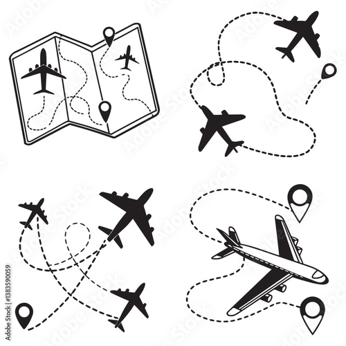 Airplane routes vector set. Line path vector icons of air plane flight routes with start point and dash line trace. Aircraft clip art icons with way path tracks. Airplanes minimal vector illustration
