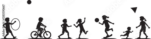 kids playing silhouette, children silhouette, outdoor activity clipart, playground SVG, kids sports vector, children riding bike, jumping rope clipart, kite flying silhouette, playing ball SVG, skateb