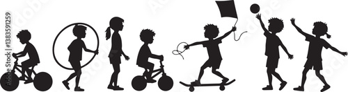 kids playing silhouette, children silhouette, outdoor activity clipart, playground SVG, kids sports vector, children riding bike, jumping rope clipart, kite flying silhouette, playing ball SVG, skateb