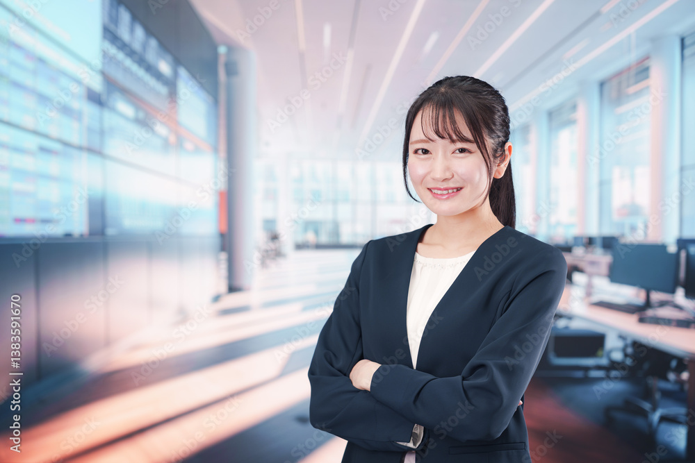 オフィスで働く笑顔の若い女性 オフィスで働く笑顔の若い女性