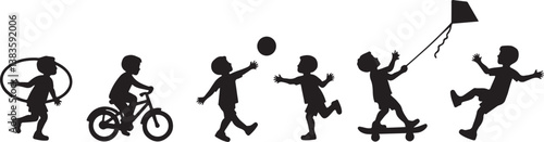 kids playing silhouette, children silhouette, outdoor activity clipart, playground SVG, kids sports vector, children riding bike, jumping rope clipart, kite flying silhouette, playing ball SVG, skateb