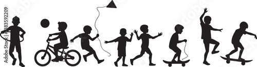 kids playing silhouette, children silhouette, outdoor activity clipart, playground SVG, kids sports vector, children riding bike, jumping rope clipart, kite flying silhouette, playing ball SVG, skateb