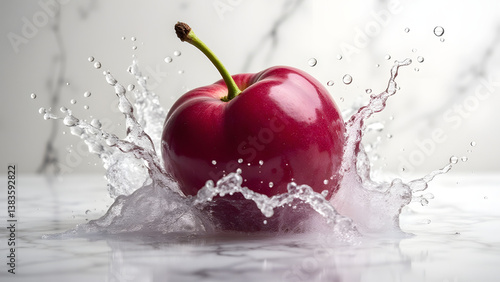 Giant grape creates tsunami waves. Marble captures thick skin stretching to limit before dramatic rupture in splash.