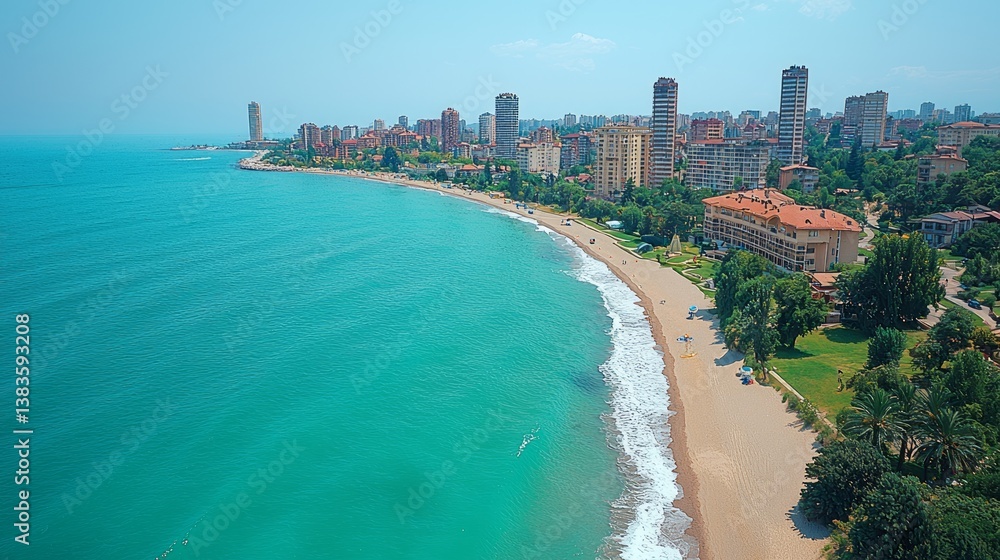 Coastal city view, turquoise sea, sandy beach, buildings Coastal city view, turquoise sea, sandy beach, buildings