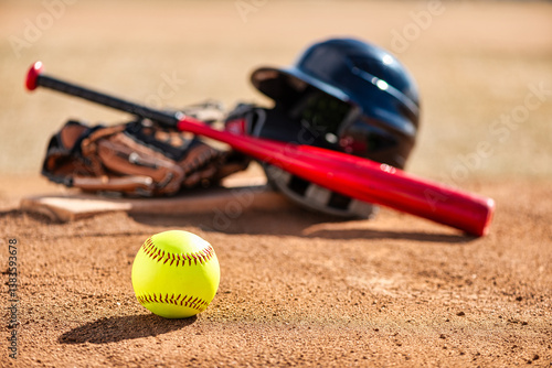 Close-up of optic yellow softball on red dirt infield with pitcher's mound pitching circle