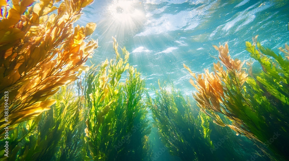 Underwater kelp forest sunlight ocean scene, marine life background, nature poster Underwater kelp forest sunlight ocean scene, marine life background, nature poster
