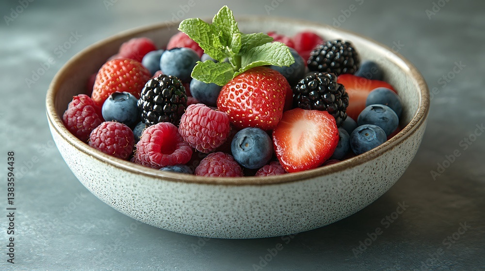 A close-up shot captures a vibrant assortment of fresh berries arranged artfully in a ceramic bowl, accented with a sprig of fresh mint. A close-up shot captures a vibrant assortment of fresh berries arranged artfully in a ceramic bowl, accented with a sprig of fresh mint.