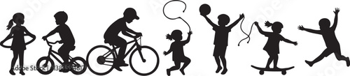kids playing silhouette, children silhouette, outdoor activity clipart, playground SVG, kids sports vector, children riding bike, jumping rope clipart, kite flying silhouette, playing ball SVG, skateb