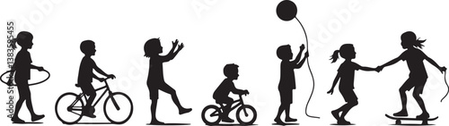 kids playing silhouette, children silhouette, outdoor activity clipart, playground SVG, kids sports vector, children riding bike, jumping rope clipart, kite flying silhouette, playing ball SVG, skateb