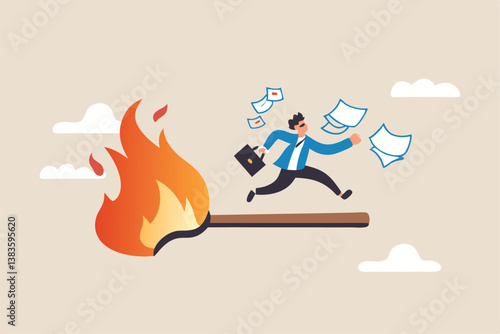 Toxic productivity, panic or burnout employee, overworked to finish work within timeline, hurry to complete multitasking or urgent work schedule concept, productive businessman on burning matchstick.