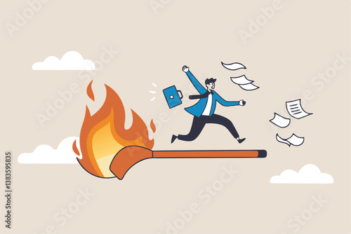 Toxic productivity, panic or burnout employee, overworked to finish work within timeline, hurry to complete multitasking or urgent work schedule concept, productive businessman on burning matchstick.
