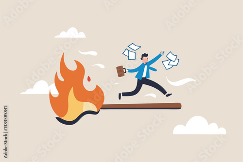 Toxic productivity, panic or burnout employee, overworked to finish work within timeline, hurry to complete multitasking or urgent work schedule concept, productive businessman on burning matchstick.