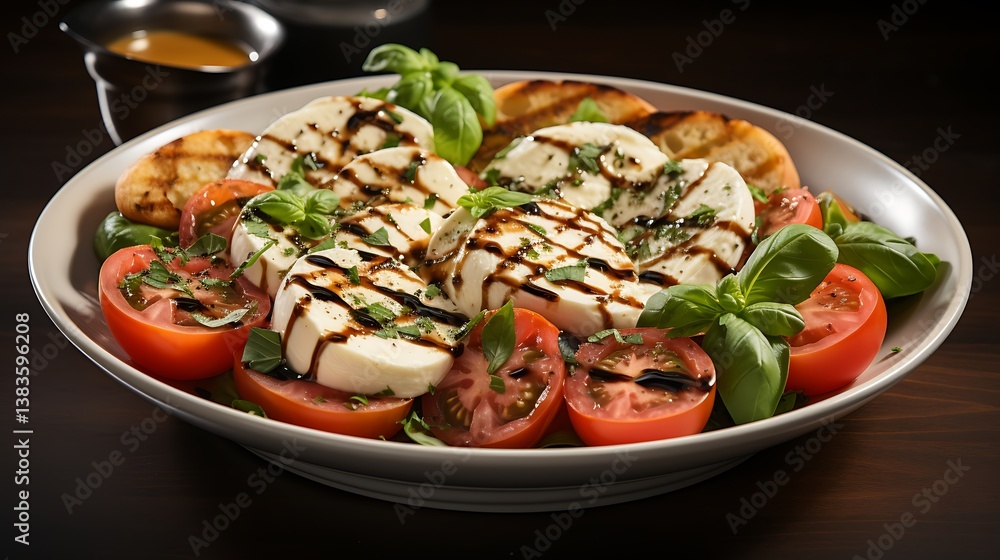 A plate of caprese salad, capturing culinary elegance with a fresh mozzarella, ripe tomatoes, basil and grilled bread. Evoking the flavors and freshness of Italy. A plate of caprese salad, capturing culinary elegance with a fresh mozzarella, ripe tomatoes, basil and grilled bread. Evoking the flavors and freshness of Italy.