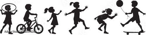 kids playing silhouette, children silhouette, outdoor activity clipart, playground SVG, kids sports vector, children riding bike, jumping rope clipart, kite flying silhouette, playing ball SVG, skateb