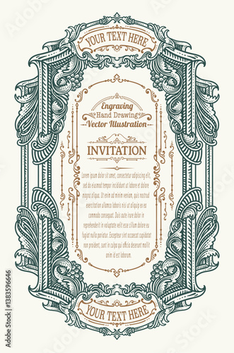 Elegant Vintage Engraving Invitation Frame with Scrollwork and Customizable Text Areas.